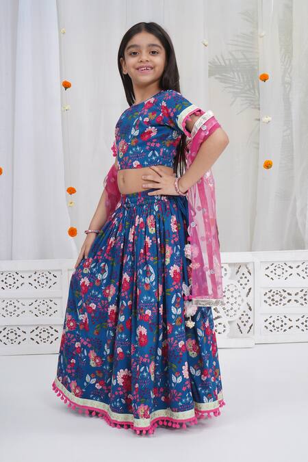 Little Bansi_Blue Cotton Pom-poms, Sequins, Lace Floral Pattern Lehenga Set _at_Aza_Fashions