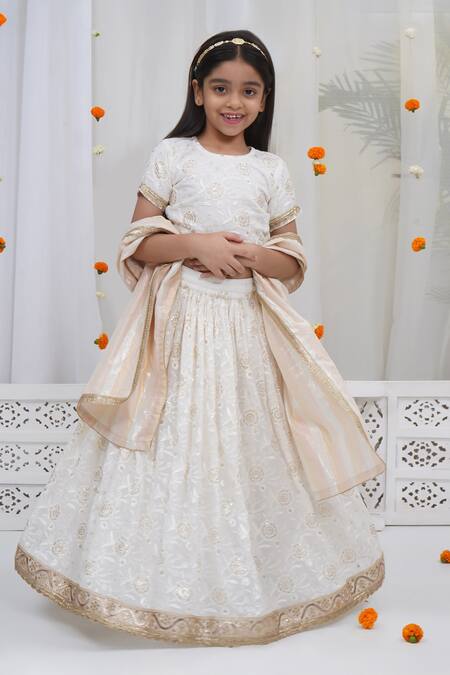 Shop Little Bansi Off White Cotton, Linen Embroidery, Sequins, Zari, Floral Pattern Lehenga Set Online at Aza Fashions Shop_Little Bansi_Off White Cotton, Linen Embroidery, Sequins, Zari, Floral Pattern Lehenga Set _Online_at_Aza_Fashions