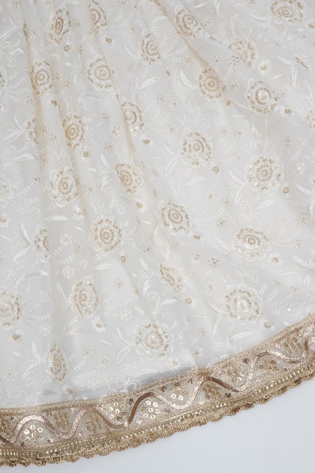 Little Bansi Off White Cotton, Linen Embroidery, Sequins, Zari, Floral Pattern Lehenga Set at Aza Fashions Little Bansi_Off White Cotton, Linen Embroidery, Sequins, Zari, Floral Pattern Lehenga Set _at_Aza_Fashions