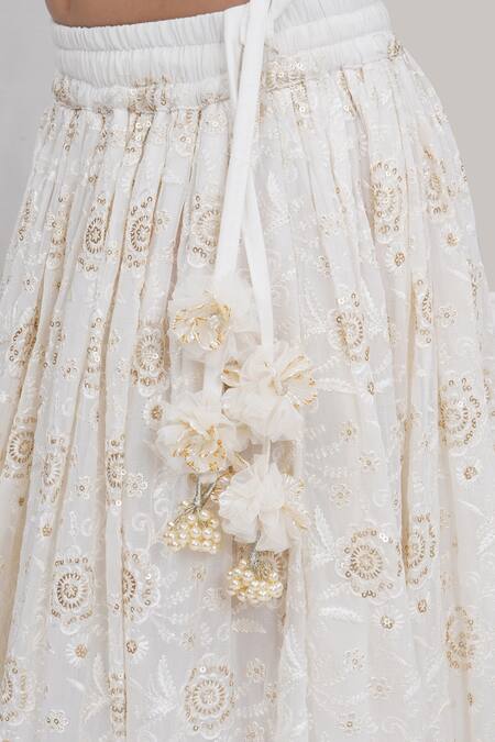 Shop Little Bansi Off White Cotton, Linen Embroidery, Sequins, Zari, Floral Pattern Lehenga Set Shop_Little Bansi_Off White Cotton, Linen Embroidery, Sequins, Zari, Floral Pattern Lehenga Set