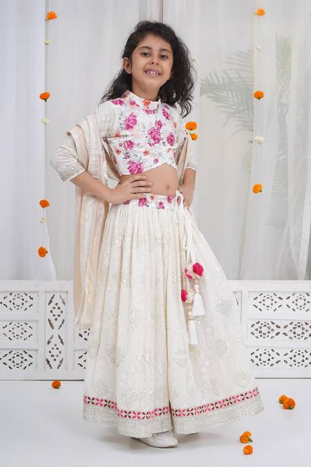 Little Bansi_White Cotton Embroidery, Sequins, Gota Patti, Zari Floral Pattern Lehenga Set _Online_at_Aza_Fashions