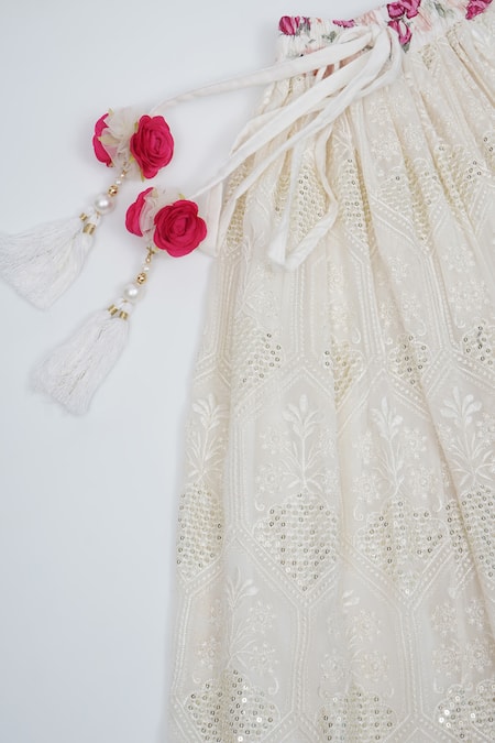 Buy_Little Bansi_White Cotton Embroidery, Sequins, Gota Patti, Zari Floral Pattern Lehenga Set _Online_at_Aza_Fashions