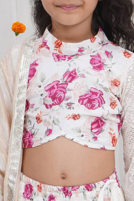 Little Bansi_White Cotton Embroidery, Sequins, Gota Patti, Zari Floral Pattern Lehenga Set _at_Aza_Fashions