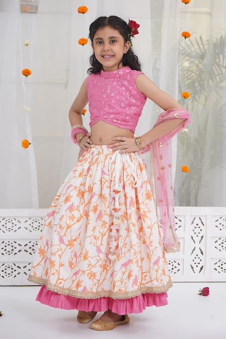 Buy_Little Bansi_Pink Cotton, Linen, Net Embroidery, Sequins, Gota Floral Pattern Lehenga Set _Online_at_Aza_Fashions