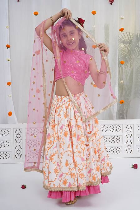 Shop_Little Bansi_Pink Cotton, Linen, Net Embroidery, Sequins, Gota Floral Pattern Lehenga Set _Online_at_Aza_Fashions