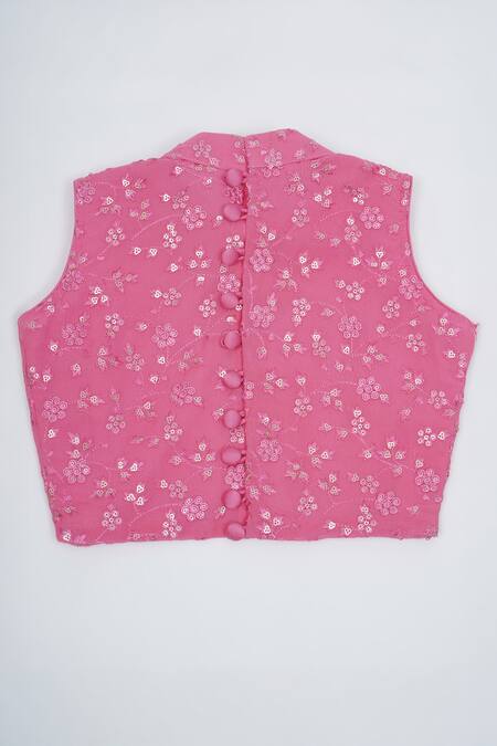 Little Bansi_Pink Cotton, Linen, Net Embroidery, Sequins, Gota Floral Pattern Lehenga Set _at_Aza_Fashions