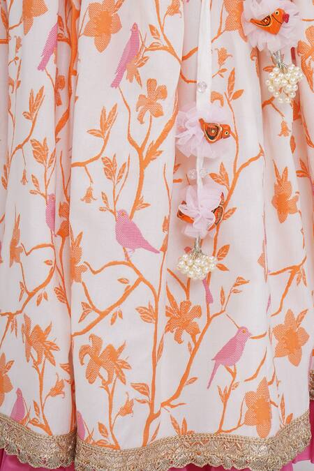 Buy_Little Bansi_Pink Cotton, Linen, Net Embroidery, Sequins, Gota Floral Pattern Lehenga Set 