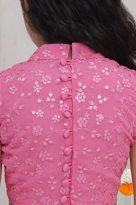 Shop_Little Bansi_Pink Cotton, Linen, Net Embroidery, Sequins, Gota Floral Pattern Lehenga Set 