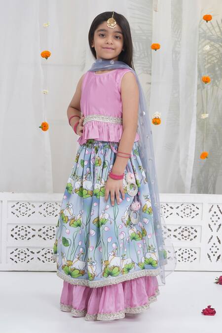 Little Bansi Pink Chanderi Silk Gota Patti, Lace, Tassels, Sequins Floral Pattern Lehenga Set Online at Aza Fashions Little Bansi_Pink Chanderi Silk Gota Patti, Lace, Tassels, Sequins Floral Pattern Lehenga Set _Online_at_Aza_Fashions