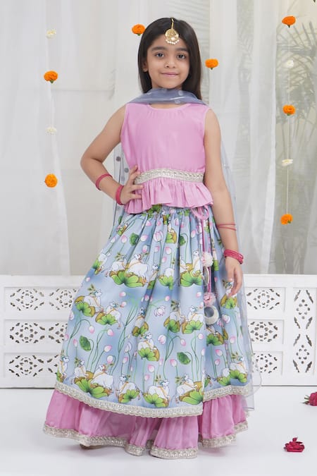 Little Bansi Pink Chanderi Silk Gota Patti, Lace, Tassels, Sequins Floral Pattern Lehenga Set 