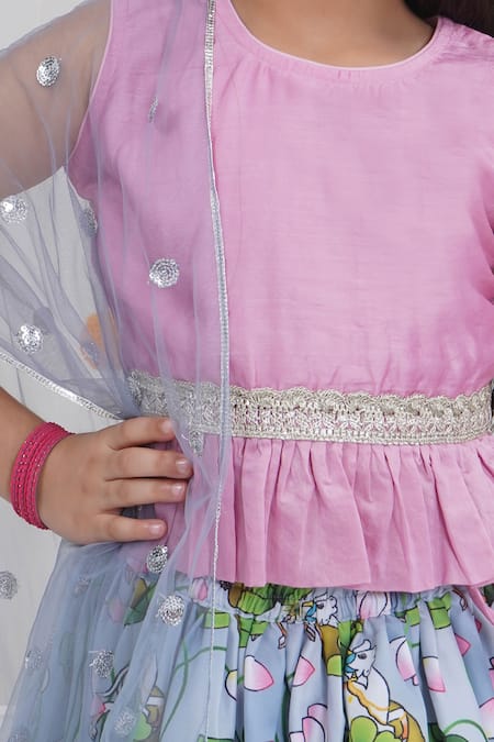 Shop Little Bansi Pink Chanderi Silk Gota Patti, Lace, Tassels, Sequins Floral Pattern Lehenga Set Online at Aza Fashions Shop_Little Bansi_Pink Chanderi Silk Gota Patti, Lace, Tassels, Sequins Floral Pattern Lehenga Set _Online_at_Aza_Fashions