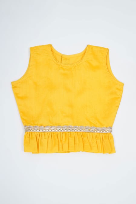 Little Bansi_Yellow Chanderi Silk Zari, Gota Patti, Tassels Peacock Pattern Lehenga Set _Online_at_Aza_Fashions