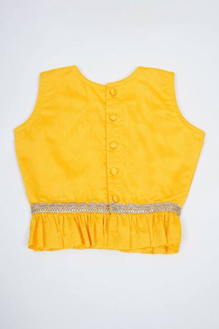 Buy_Little Bansi_Yellow Chanderi Silk Zari, Gota Patti, Tassels Peacock Pattern Lehenga Set _Online_at_Aza_Fashions