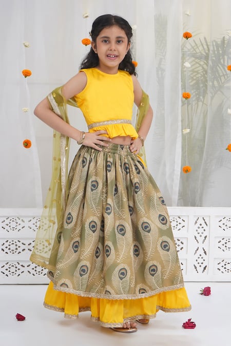 Shop_Little Bansi_Yellow Chanderi Silk Zari, Gota Patti, Tassels Peacock Pattern Lehenga Set _Online_at_Aza_Fashions