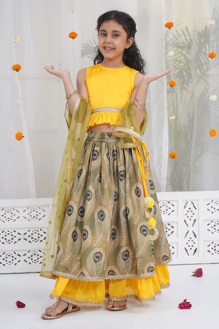 Little Bansi Yellow Chanderi Silk Zari, Gota Patti, Tassels Peacock Pattern Lehenga Set 