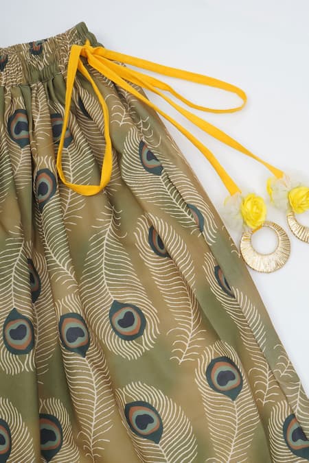 Little Bansi_Yellow Chanderi Silk Zari, Gota Patti, Tassels Peacock Pattern Lehenga Set _at_Aza_Fashions