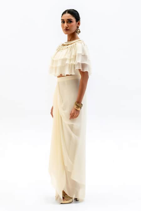 Garo_Off White Chiffon, Silk, Muslin Embroidery Round Ruffled Top With Draped Skirt _Online_at_Aza_Fashions