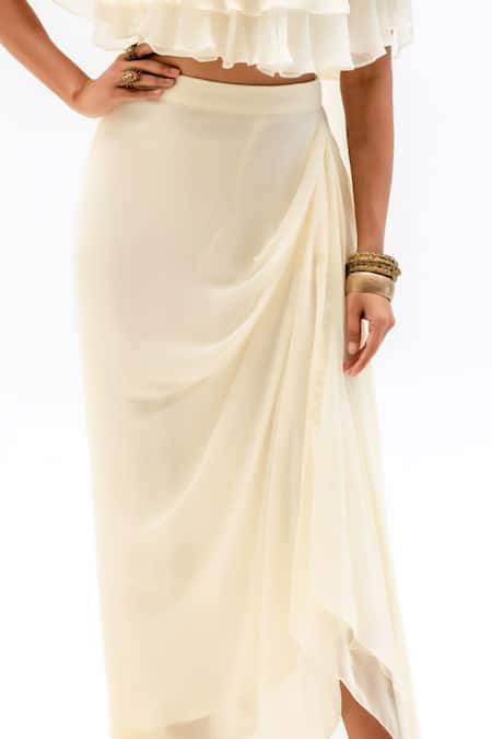 Buy_Garo_Off White Chiffon, Silk, Muslin Embroidery Round Ruffled Top With Draped Skirt _Online_at_Aza_Fashions