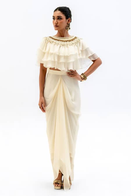 Shop_Garo_Off White Chiffon, Silk, Muslin Embroidery Round Ruffled Top With Draped Skirt _Online_at_Aza_Fashions