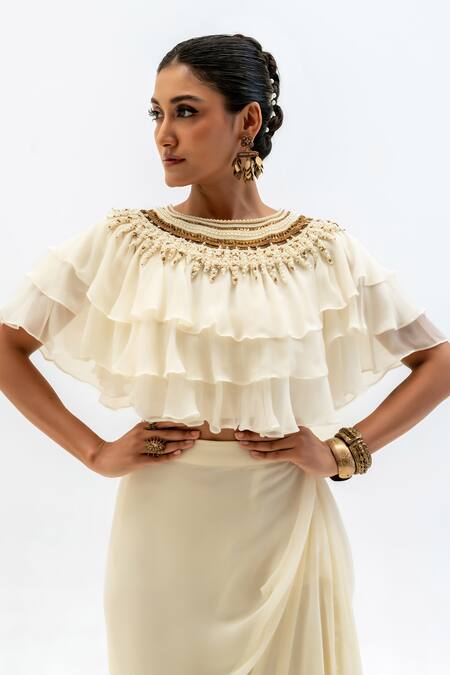 Garo_Off White Chiffon, Silk, Muslin Embroidery Round Ruffled Top With Draped Skirt _at_Aza_Fashions