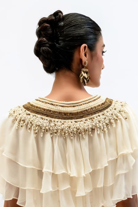 Buy_Garo_Off White Chiffon, Silk, Muslin Embroidery Round Ruffled Top With Draped Skirt 