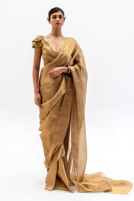 Garo_Gold Tissue Embroidery, Zari V-neck Geometric Blouse With Pre-draped Saree _Online_at_Aza_Fashions