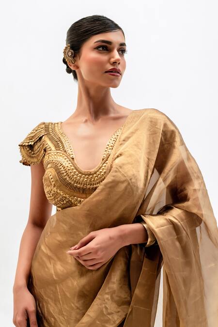 Shop_Garo_Gold Tissue Embroidery, Zari V-neck Geometric Blouse With Pre-draped Saree _Online_at_Aza_Fashions