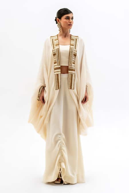 Garo Off White Silk, Muslin Embroidery Round , Open Tribal Cape And Pant Set 