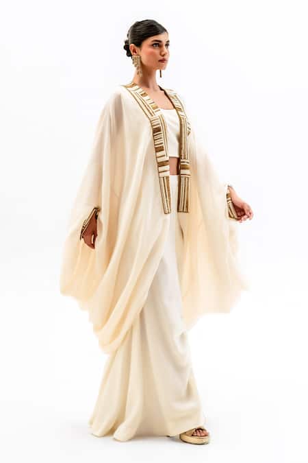Garo_Off White Silk, Muslin Embroidery Round , Open Tribal Cape And Pant Set _Online_at_Aza_Fashions