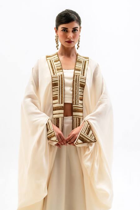Shop_Garo_Off White Silk, Muslin Embroidery Round , Open Tribal Cape And Pant Set _Online_at_Aza_Fashions