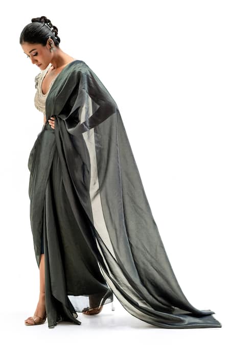 Garo_Gray Silk Embroidery, Beads, Sequins Geometric Blouse With Pre-draped Saree _Online_at_Aza_Fashions