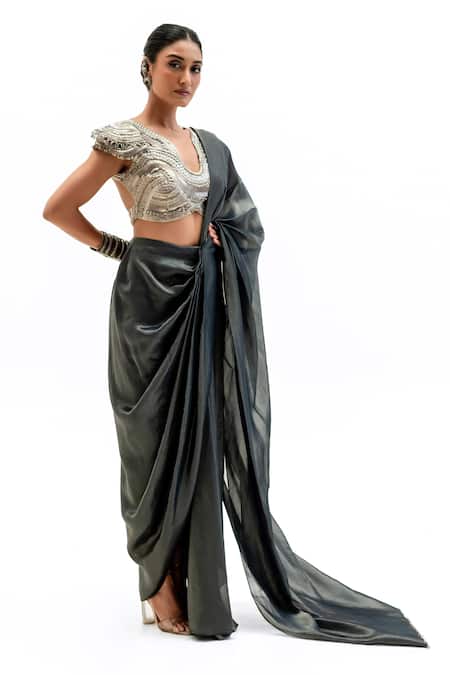 Buy_Garo_Gray Silk Embroidery, Beads, Sequins Geometric Blouse With Pre-draped Saree _Online_at_Aza_Fashions