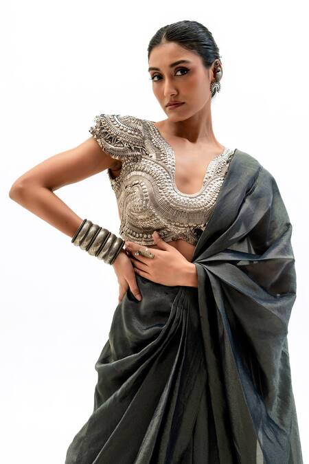 Shop_Garo_Gray Silk Embroidery, Beads, Sequins Geometric Blouse With Pre-draped Saree _Online_at_Aza_Fashions