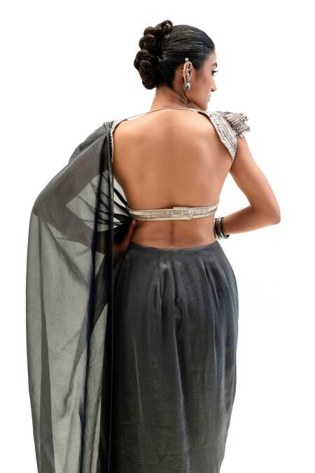 Garo_Gray Silk Embroidery, Beads, Sequins Geometric Blouse With Pre-draped Saree _at_Aza_Fashions