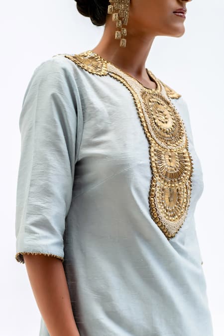 Shop_Garo_Blue Silk, Organza Embroidery Round Neck Tribal Kurta Set _Online_at_Aza_Fashions