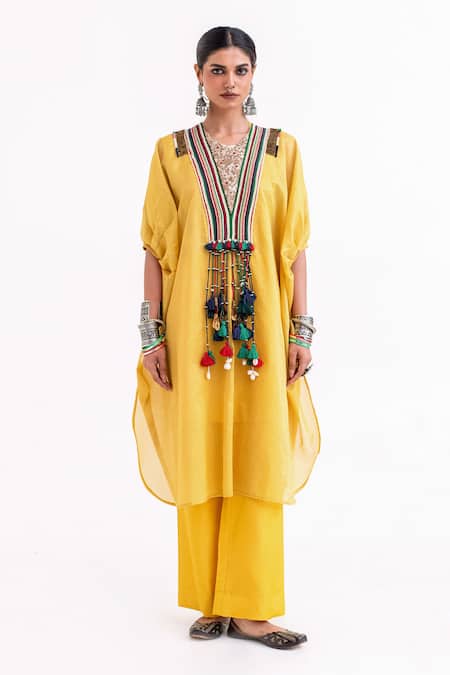 Garo Yellow Chanderi Tassels V-neck Embroidered Kaftan Set 