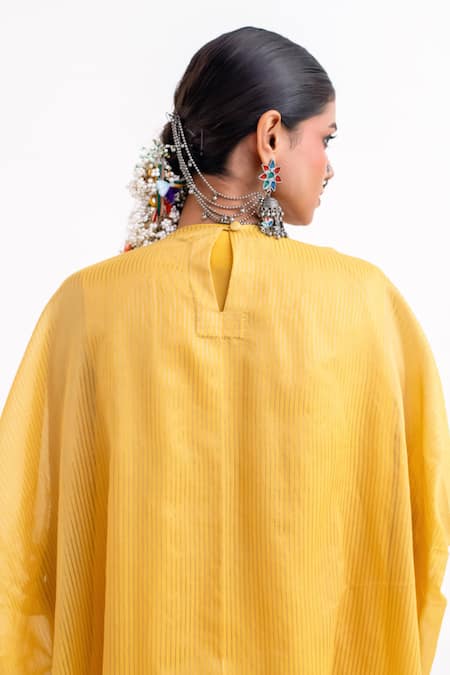 Garo_Yellow Chanderi Tassels V-neck Embroidered Kaftan Set _Online_at_Aza_Fashions
