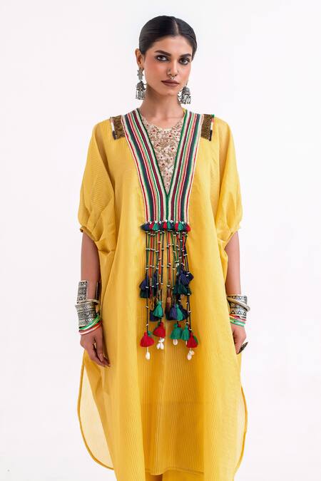 Buy_Garo_Yellow Chanderi Tassels V-neck Embroidered Kaftan Set _Online_at_Aza_Fashions