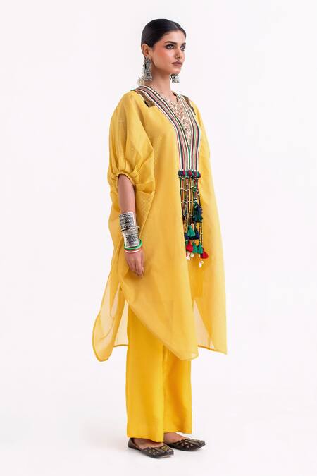 Shop_Garo_Yellow Chanderi Tassels V-neck Embroidered Kaftan Set _Online_at_Aza_Fashions