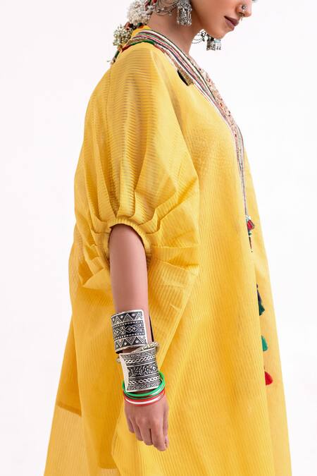 Garo_Yellow Chanderi Tassels V-neck Embroidered Kaftan Set _at_Aza_Fashions