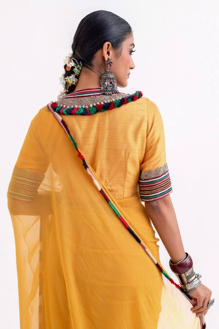 Garo_Mustard Chiffon, Silk Tassels, Embroidery Round Neck Tribal Blouse With Saree _Online_at_Aza_Fashions