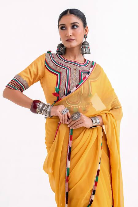 Buy_Garo_Mustard Chiffon, Silk Tassels, Embroidery Round Neck Tribal Blouse With Saree _Online_at_Aza_Fashions