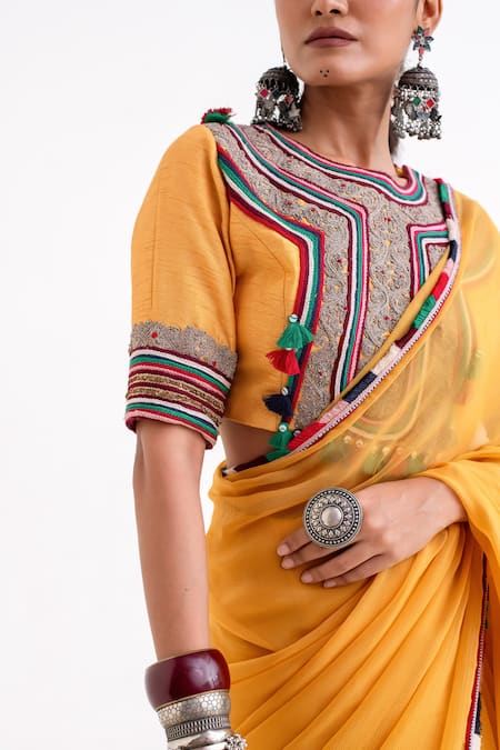 Shop_Garo_Mustard Chiffon, Silk Tassels, Embroidery Round Neck Tribal Blouse With Saree _Online_at_Aza_Fashions