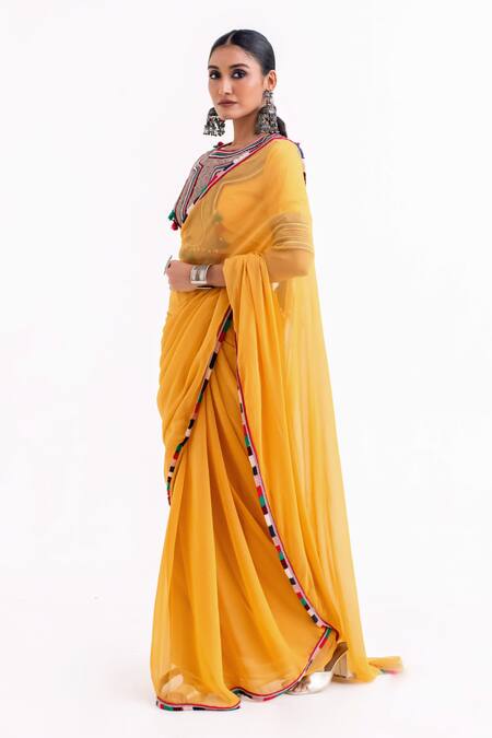 Garo_Mustard Chiffon, Silk Tassels, Embroidery Round Neck Tribal Blouse With Saree _at_Aza_Fashions