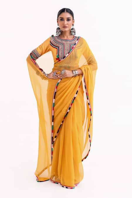 Garo Mustard Chiffon, Silk Tassels, Embroidery Round Neck Tribal Blouse With Saree 