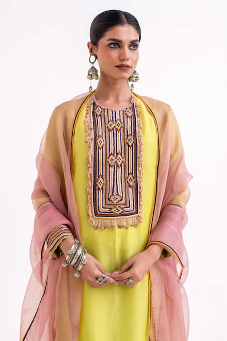 Garo_Yellow Silk Embroidery Round Neck Tribal Kurta Set _Online_at_Aza_Fashions