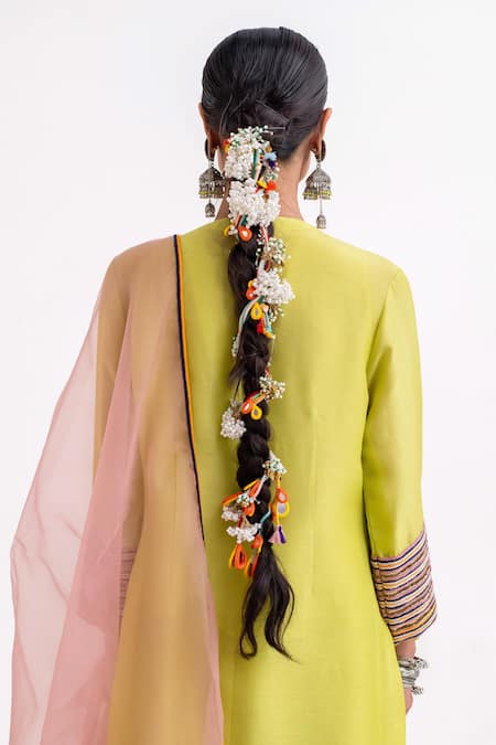 Buy_Garo_Yellow Silk Embroidery Round Neck Tribal Kurta Set _Online_at_Aza_Fashions