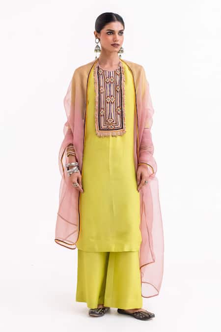 Garo Yellow Silk Embroidery Round Neck Tribal Kurta Set 