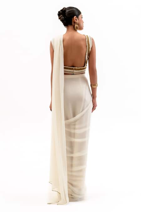 Garo Stripe Embroidered Blouse With Pre-Draped Saree 