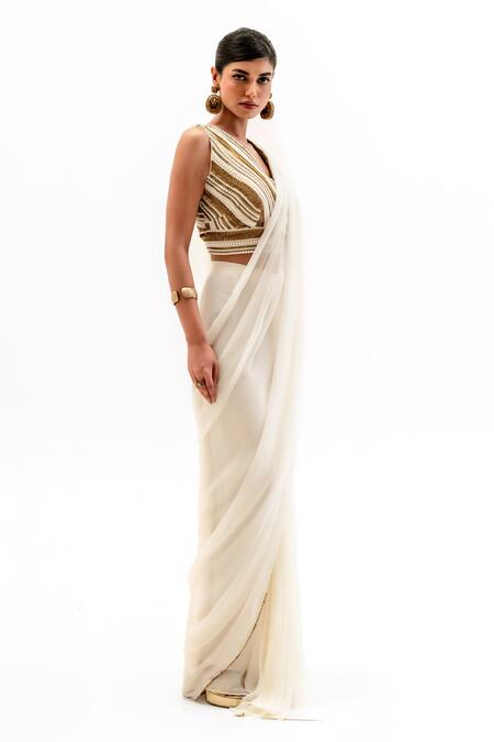 Garo_Off White Chiffon, Silk, Muslin Embroidery Stripe Blouse With Pre-draped Saree _Online_at_Aza_Fashions
